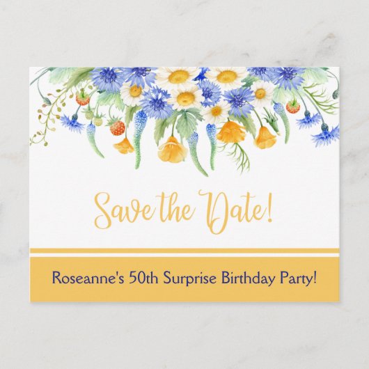 青い黄色の白いワイルドフラワー日付を保存 案内ポストカード (正面)