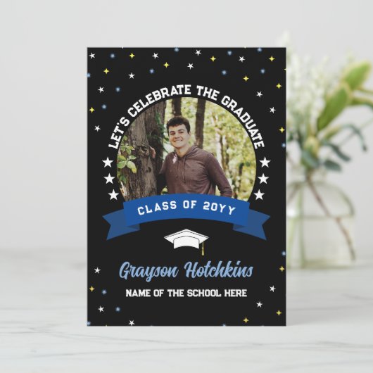 青い黄色の祝星大学院写真 招待状 (スタンド正面)