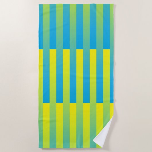 青い黄色の緑のパタストライプのーン ビーチタオル (正面)