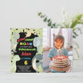 青い黄色の緑の恐竜の誕生日と写真 招待状 (スタンド正面)