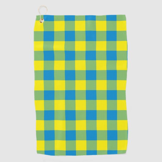 青い黄色の緑の格子模様市松模様に模様 ゴルフタオル (正面)