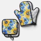 青い黄色の花のブライズシャワー 鍋つかみ&鍋敷きセット (正面/裏面)
