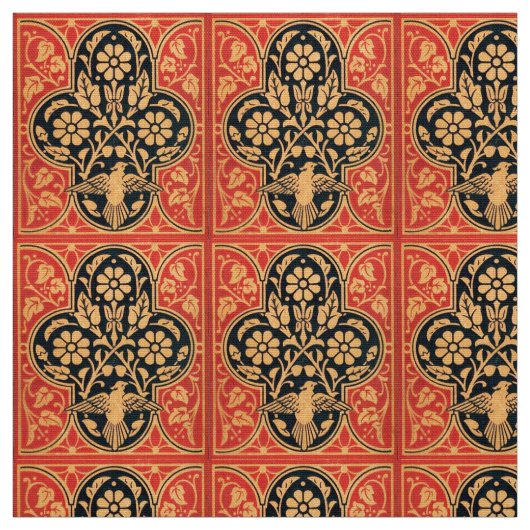 青い黄色の赤いダマスクの花（鳩あり） ファブリック (見本)