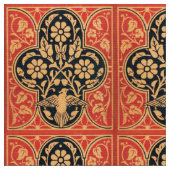 青い黄色の赤いダマスクの花（鳩あり） ファブリック (クローズアップ)