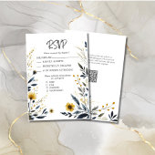 青い黄色の野エレガント花QRコー結婚ド 出欠カード