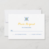 青い黄色地中海ののタイル結婚アイコン 出欠カード (正面)