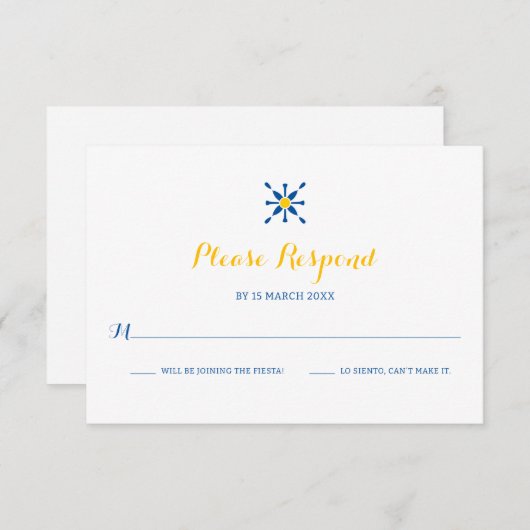 青い黄色地中海ののタイル結婚アイコン 出欠カード (正面/裏面)