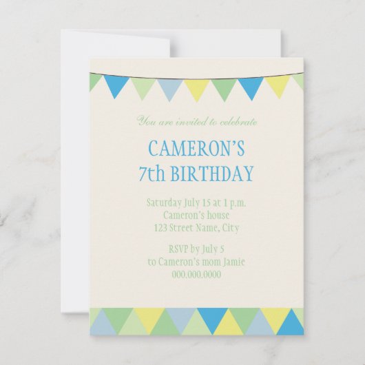 青い黄色緑のひものPennonの子供の誕生日 招待状 (正面)