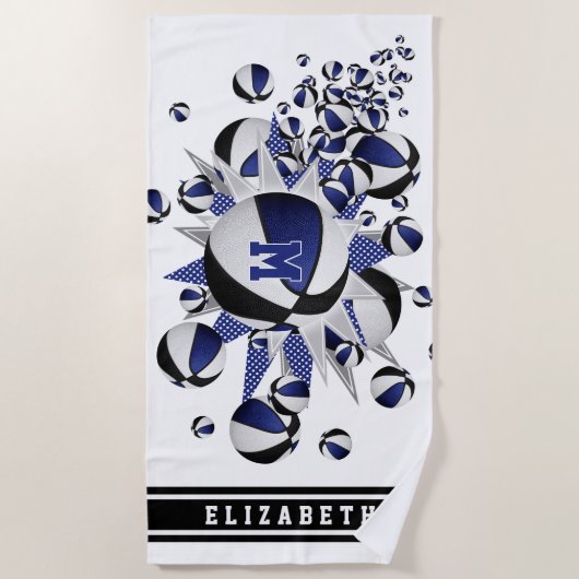 青い黒いバスケットボールが女の子をモノグラムの主演 ビーチタオル (正面)