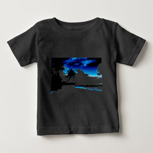 青い黒い白いヤシの木のシルエット ベビーTシャツ (正面)
