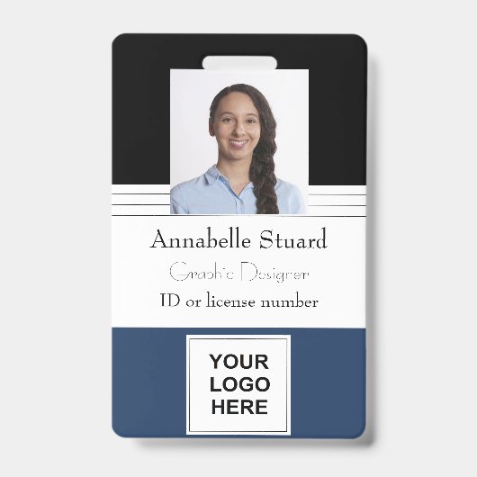 青い黒い線の名前の写真社員企業の悪 バッジ (Front)