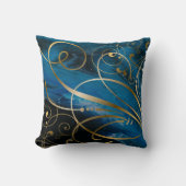 青い黒い金ゴールドの渦巻きが花開く クッション (正面)