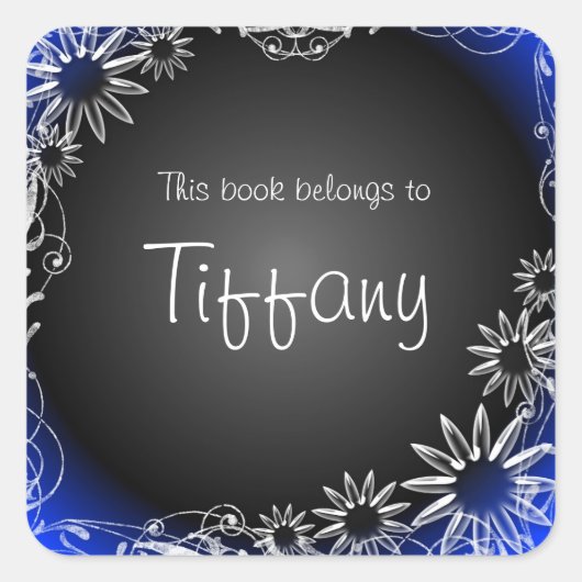 青い黒のフローラカスタムブックラベル スクエアシール (正面)