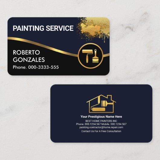 青い黒のレイヤー金ゴールド波のペイント 名刺 (正面/裏面)