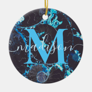 青い黒のNautilusシェルパターン、おびえたジオメトリ セラミックオーナメント