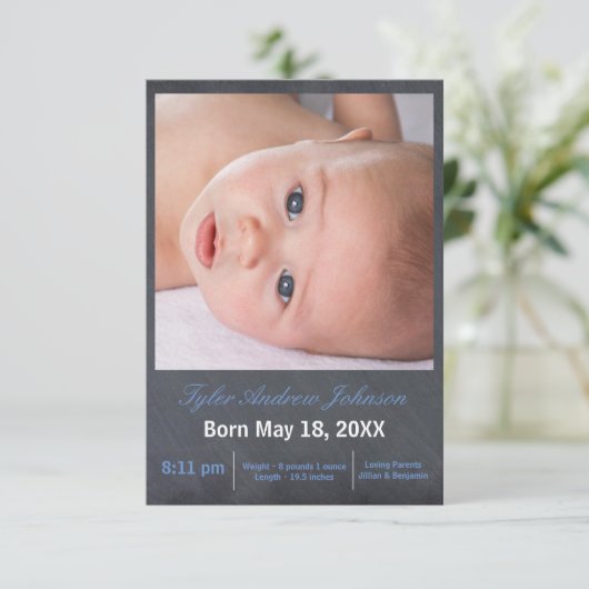 青い黒板の写真 – 3x5出産のお知らせ 案内状 (スタンド正面)