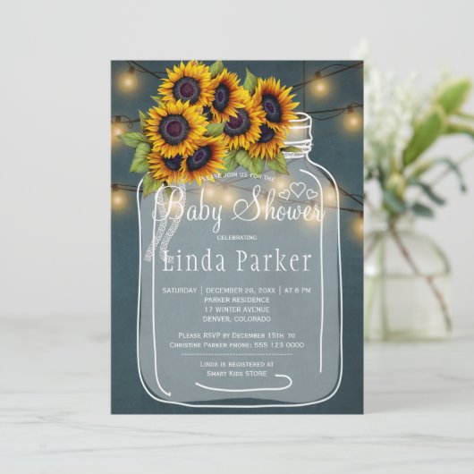 青い黒板の田舎臭いメイスンの瓶の赤ちゃんシャワー 招待状 (スタンド正面)