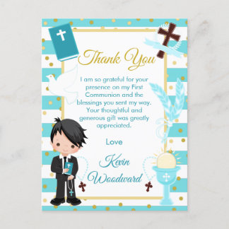 青い黒髪の少年　初めての聖体拝領　ありがとう ポストカード