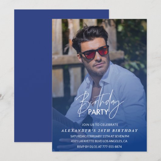 青い28歳の誕生日招待状 誕生日パーティーの写真 招待状 (正面/裏面)