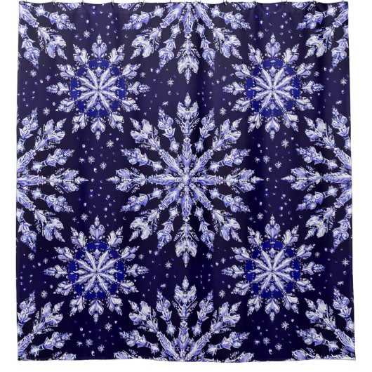 青い3Dの雪の結晶 シャワーカーテン (正面)