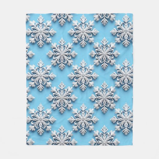青い3Dの雪の結晶 フリースブランケット (正面)