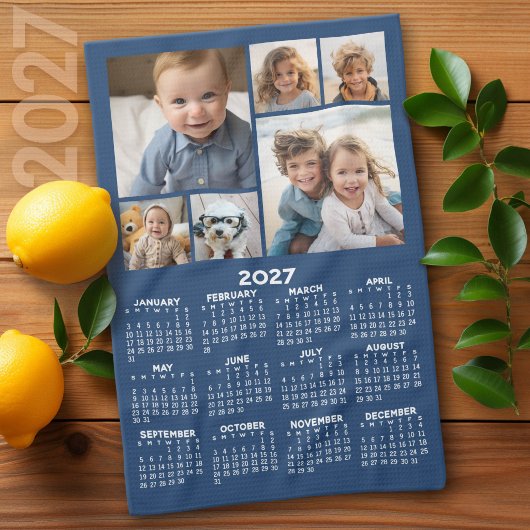 青い6枚の写真コラージュ付き2027年カレンダー キッチンタオル