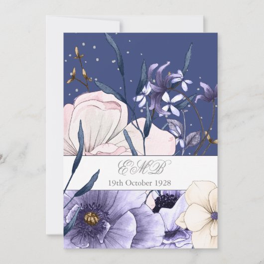 青い90歳の誕生日お花のシルバーエレガントでおしゃれ 招待状 (正面)