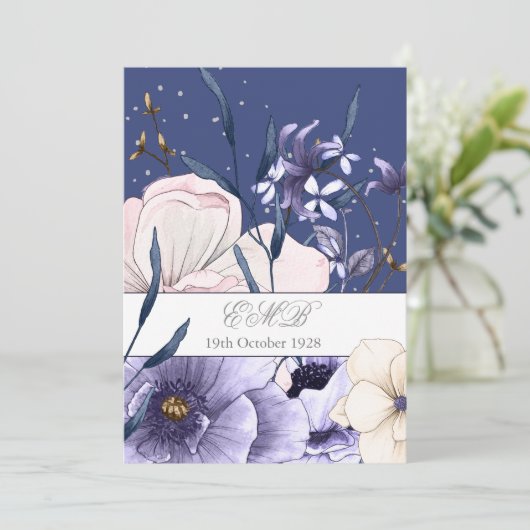 青い90歳の誕生日お花のシルバーエレガントでおしゃれ 招待状 (スタンド正面)