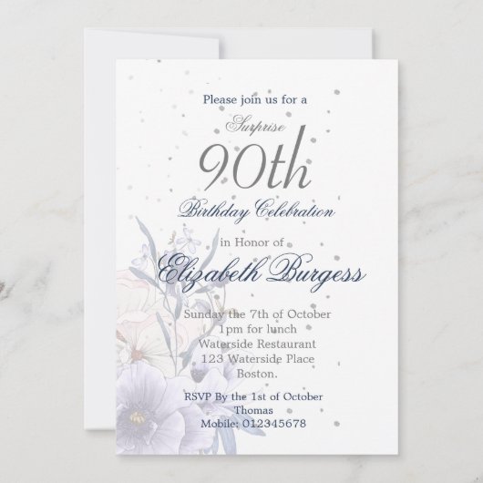 青い90歳の誕生日お花のシルバーエレガントでおしゃれ 招待状 (裏面)