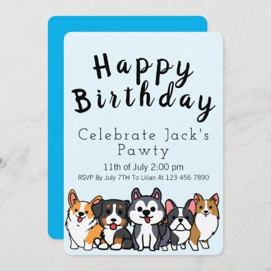 青い - かわいい子犬のパーティーに招待 招待状 (正面/裏面)