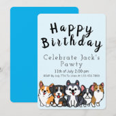 青い - かわいい子犬のパーティーへの招待 招待状 (正面/裏面)