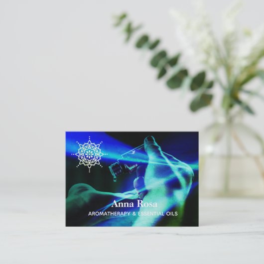 青い*~*のアロマセラピーの人目を引く精油 名刺 (スタンド正面)