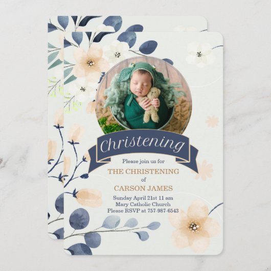 青い《キリスト教》洗礼式や命名式の男の赤ちゃん黄色の花 招待状 (正面/裏面)