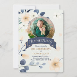 青い《キリスト教》洗礼式や命名式の男の赤ちゃん黄色の花 招待状