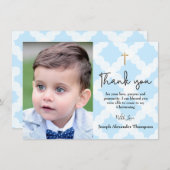 青い《キリスト教》洗礼式や命名式男の赤ちゃん感謝してい写真 サンキューカード (正面/裏面)