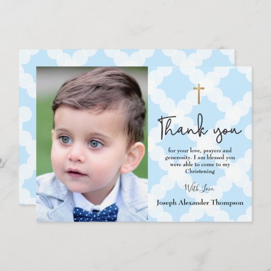青い《キリスト教》洗礼式や命名式男の赤ちゃん感謝してい写真 サンキューカード (正面/裏面)