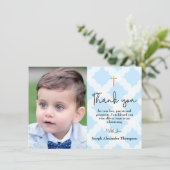 青い《キリスト教》洗礼式や命名式男の赤ちゃん感謝してい写真 サンキューカード (スタンド正面)