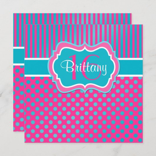 青い、ピンクの水玉模様の第16誕生日の招待状 招待状 (正面/裏面)