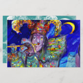 青い/ベニス風のカーニバル夜のフルート奏者 便箋 (正面/裏面)