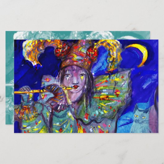 青い/ベニス風のカーニバル夜のフルート奏者 便箋 (正面/裏面)