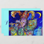 青い/ベニス風のカーニバル夜モノグラムのフルート奏者 便箋 (正面/裏面)