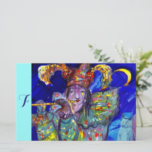 青い/ベニス風のカーニバル夜モノグラムのフルート奏者 便箋 (スタンド正面)