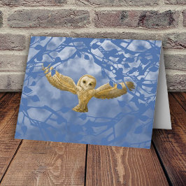 青い、ベージュのフクロウ、シンプルな白紙のグリーティングカード カード