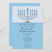 青い（ユダヤ教）メノラーのハヌカーのお祝いの招待状 招待状 (正面/裏面)