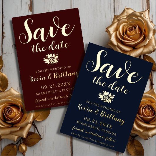 青い、上品なローズの「Save the Date」ホイル招待状 箔招待状