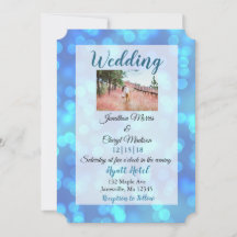 青い《写真》ぼけ味フォト結婚式招待状