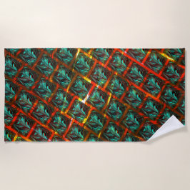 青い「枠付き目」、四角、スクラッチ、または赤い格子 ビーチタオル