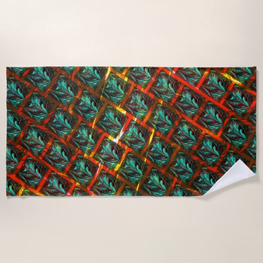 青い「枠付き目」、四角、スクラッチ、または赤い格子 ビーチタオル (正面)