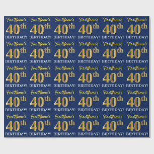 青い、模造金ゴールドの一見"第40誕生日" ラッピングペーパー