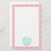 青い + 珊瑚のクローバーのモノグラムの先生 便箋 (正面/裏面)